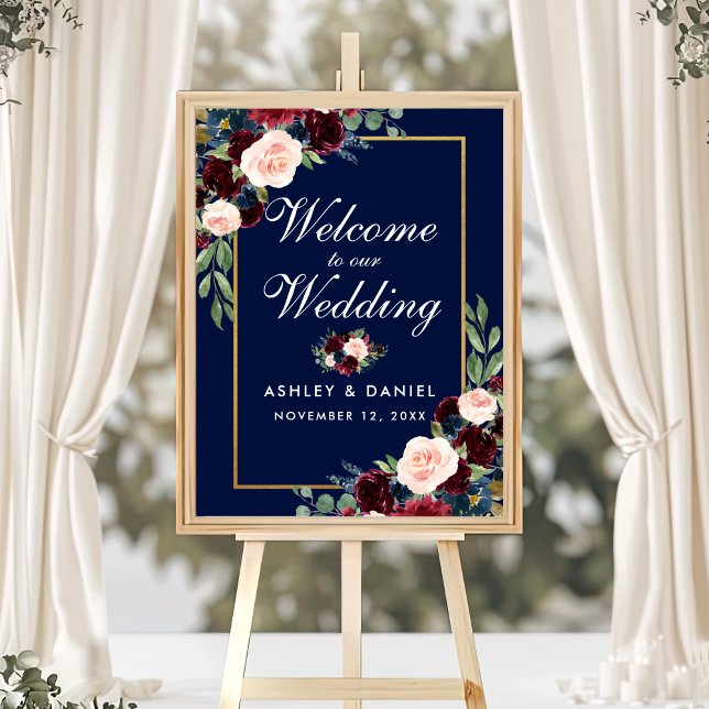Blue Burgundy Gold Floral Wedding Welcome Poster (Customize to change text size, text style, background color or size of poster.)