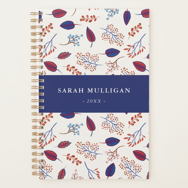 Blue & Burgundy Nature Leaves Pattern Planner (Front)