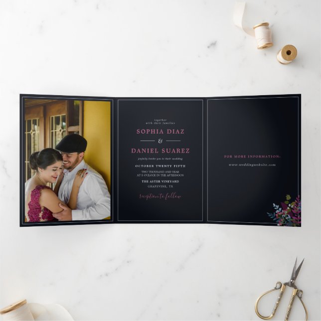 Blue Burgundy Olive Leaves Wedding Tri-Fold Invitation (Inside)