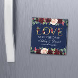 Blue Burgundy Watercolor Floral Love Save The Date Magnet<br><div class="desc">Watercolor Blue Burgundy Floral Love Save The Date Magnet - Square</div>