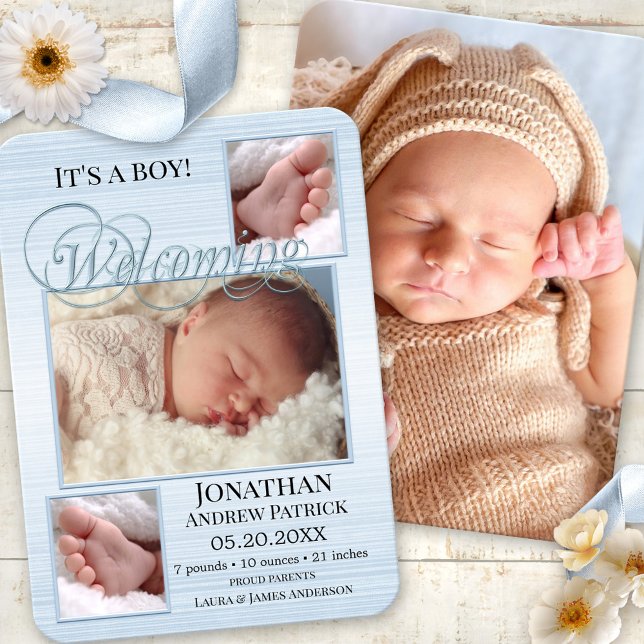 Blue Burlap Baby Birth Photos Announcement Card (Elegant birth announcement card featuring custom photos on pastel blue burlap)