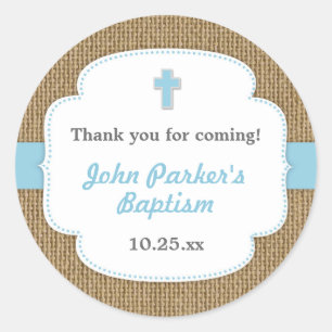 Blue Burlap cross boy baptism christening favour Classic Round Sticker