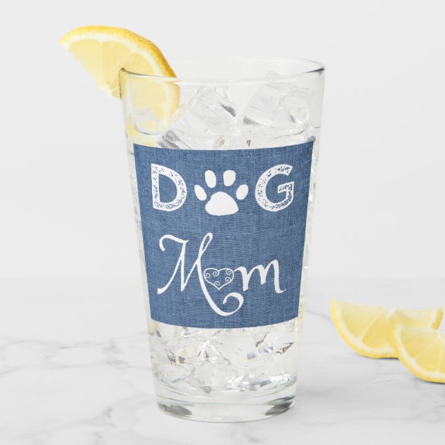 Blue Burlap Dog Mum Glass Cup (Front Ice)