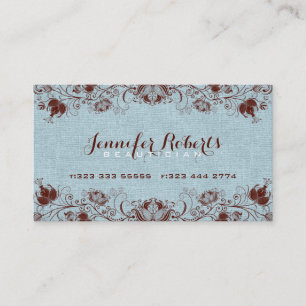Blue Burlap Linen & Brown Floral & Lace 2 Business Card