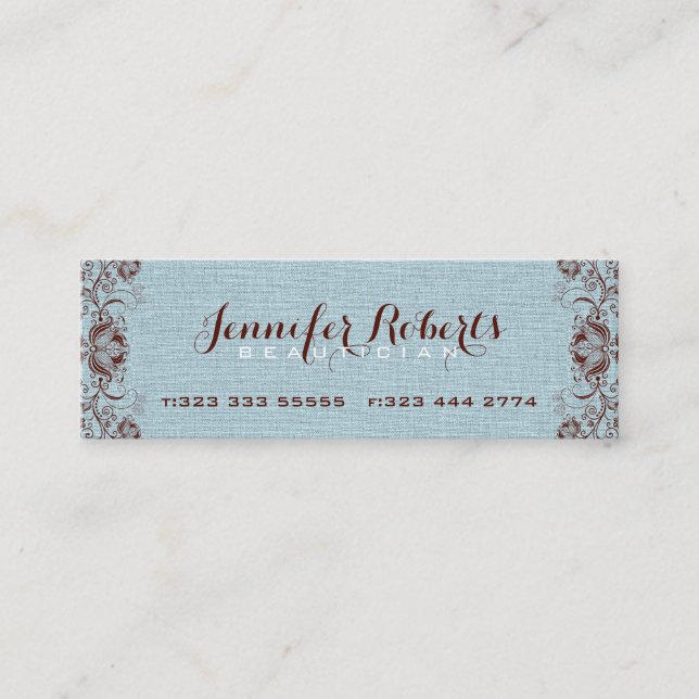 Blue Burlap Linen & Brown Floral & Lace Mini Business Card (Front)