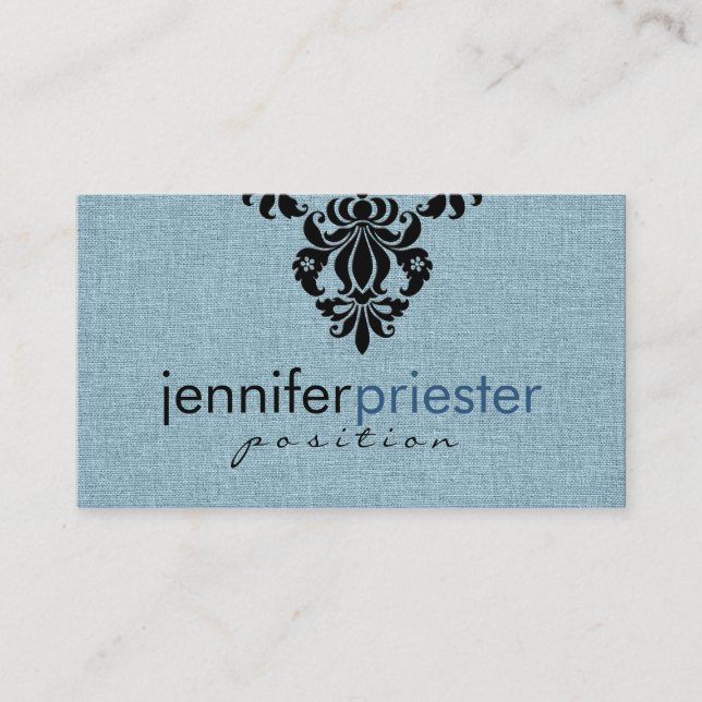 Blue Burlap Linen Texture With Black Floral Design Business Card (Front)
