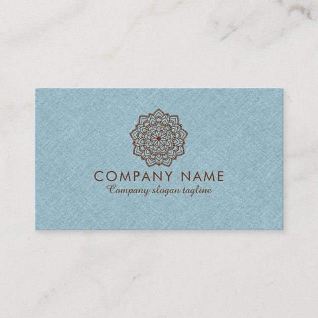 Blue Burlap Linen With Brown Mandala Business Card (Front)