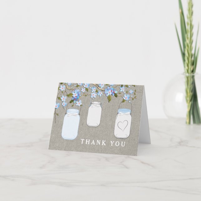 Blue Burlap Mason Jar Thank You Card (Front)
