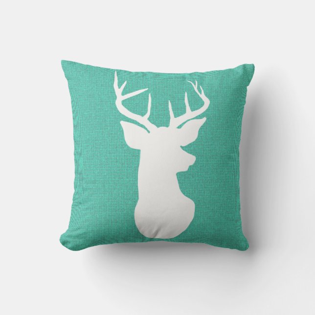 Blue Burlap Rustic Antler Deer Country Cushion (Front)