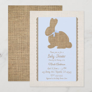 Blue & Burlap Rustic Bunny Easter Baby Shower Invitation