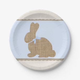 Blue & Burlap Rustic Bunny Easter Baby Shower Paper Plate