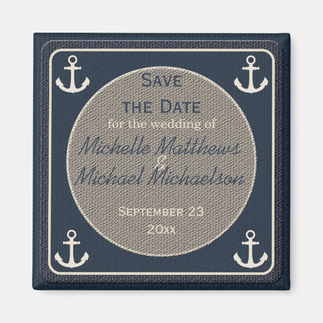 Blue Burlap Ship's Anchor Nautical Save the Date Magnet (Front)