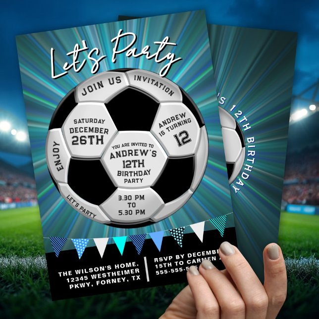 Blue Burst Sporty Soccer Ball Boys Birthday Invitation (Creator Uploaded)