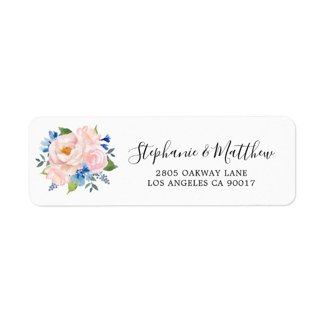 Blue Bush Pink Watercolor Floral Wedding Address Return Address Label (Front)