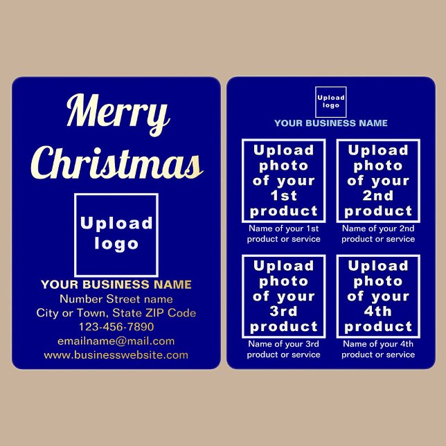 Blue Business Brand on Christmas Foil Holiday Card (Blue business brand with products or services on Christmas foil holiday card.)