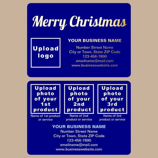Blue Business Brand on Christmas Rectangle Foil Holiday Card (Blue business brand with products or services on Christmas rectangle foil holiday card.)