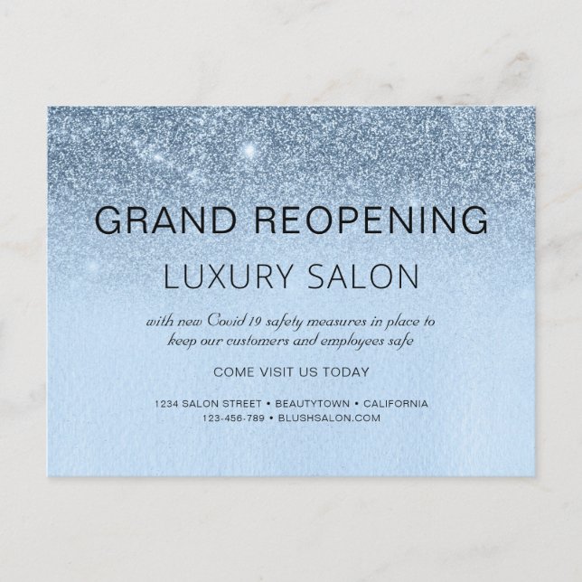 Blue Business Grand Reopening Glitter Hair Salon Announcement Postcard (Front)
