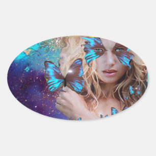 BLUE BUTERRFLY BEAUTY MAKEUP ARTIST OVAL STICKER