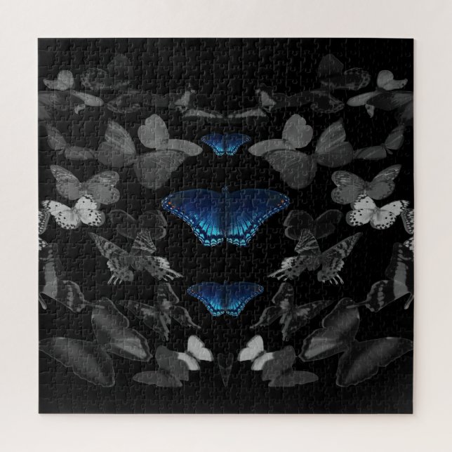 Blue Butterflies And Black And White Butterflies Jigsaw Puzzle (Vertical)