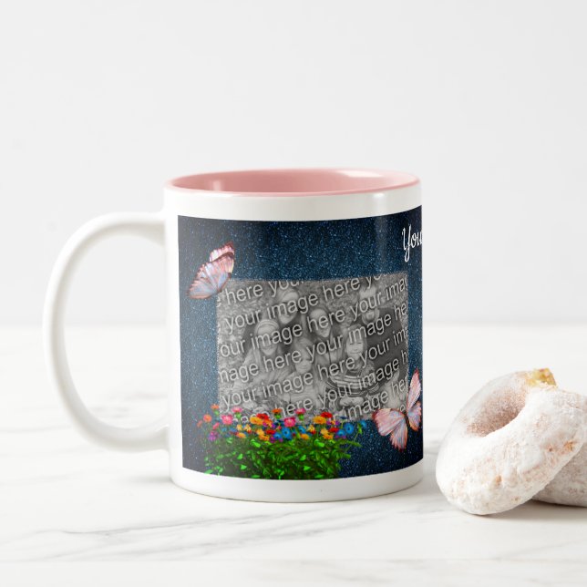 Blue Butterflies And Flowers Personalised Photo Two-Tone Coffee Mug (With Donut)