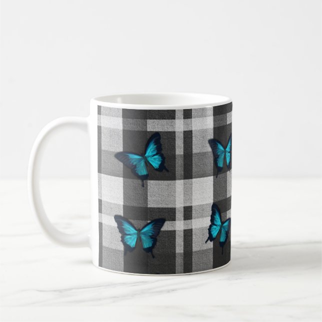 Blue Butterflies and Gray Plaid Fabric Coffee Mug (Left)