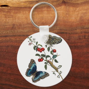 Blue Butterflies and Red Fruits Key Ring