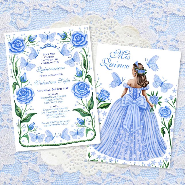 Blue Butterflies and Roses Princess Quinceanera Invitation (Blue Butterflies and Roses Princess Quinceanera Invitation)