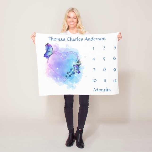 Blue Butterflies Baby Milestone Growth Tracker   Fleece Blanket (In Situ)