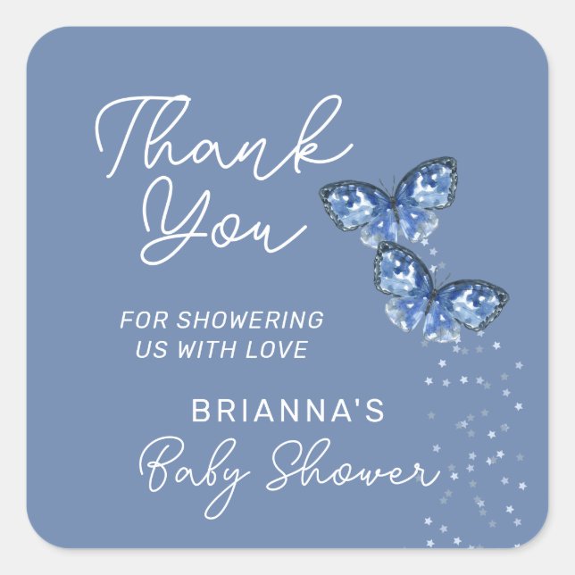 Blue Butterflies Boy Twins Baby Shower Thank You Square Sticker (Front)