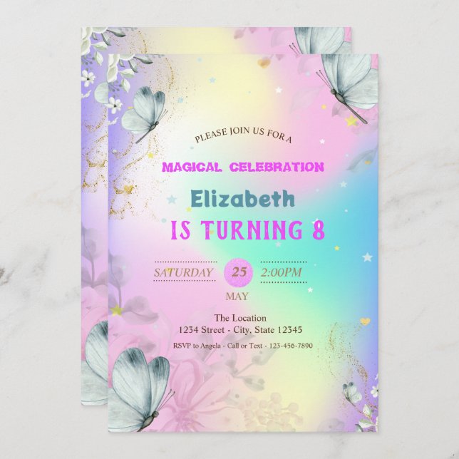 Blue Butterflies Colourful Holographic Birthday Invitation (Front/Back)