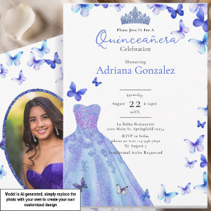 Blue Butterflies Dress Tiara Photo Quinceanera Invitation