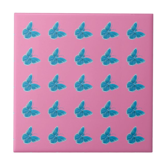Blue Butterflies Fluttering Illustration Pattern Ceramic Tile (Front)