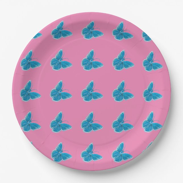 Blue Butterflies Fluttering Illustration Pattern Paper Plate (Front)
