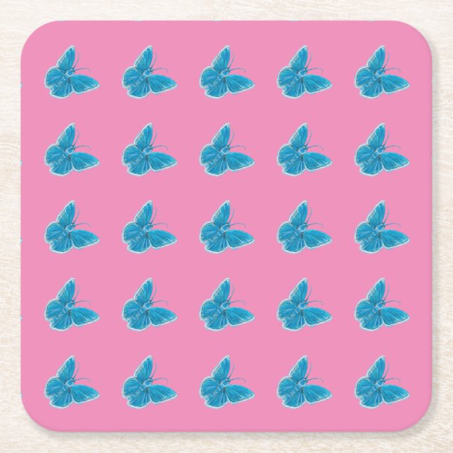Blue Butterflies Fluttering Illustration Pattern Square Paper Coaster (Front)