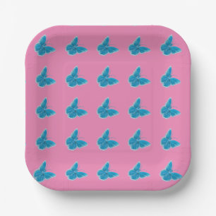 Blue Butterflies Fluttering Pattern Pink   Paper Plate