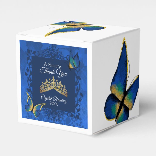 Blue Butterflies, Gold Tiara Quinceanera Favour Bo Favour Box (Front Side)