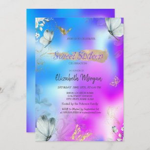 Blue Butterflies Holographic Sweet 16 Birthday Invitation