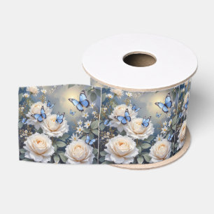 Blue Butterflies in a White Rose Garden Grosgrain Ribbon