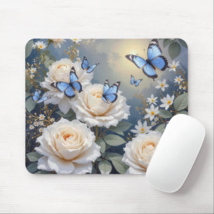 Blue Butterflies in a White Rose Garden Mouse Pad
