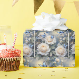 Blue Butterflies in a White Rose Garden Wrapping Paper