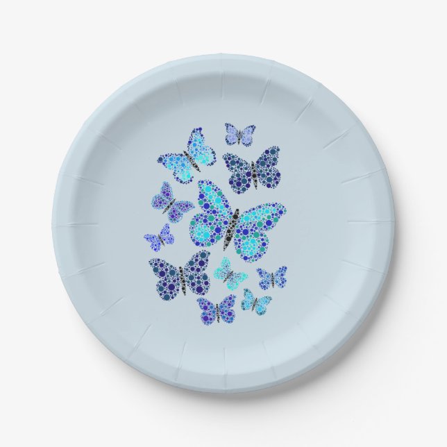 Blue Butterflies In Dots Paper Plate (Front)