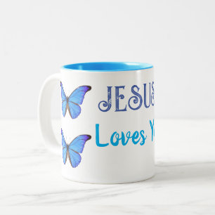 Blue butterflies Jesus loves you Two-Tone Coffee Mug
