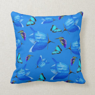Blue Butterflies, Kingfishers, And Bell Flowers, Cushion