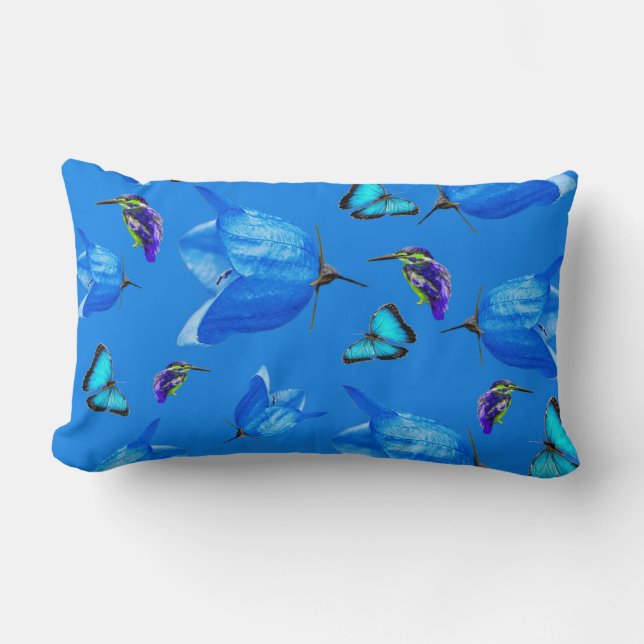 Blue Butterflies, Kingfishers, And Bell Flowers, Lumbar Cushion (Front)