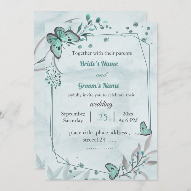 blue butterflies leaves floral geometric wedding invitation (Front/Back)