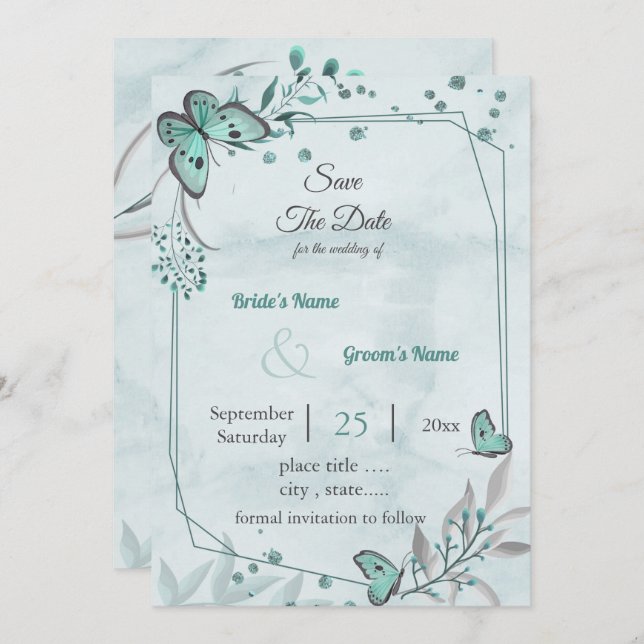 blue butterflies leaves geometric save the date invitation (Front/Back)