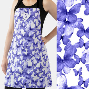 Blue Butterflies Modern Elegant Custom Monogram Apron