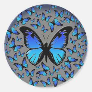 blue butterflies on a silver background classic round sticker