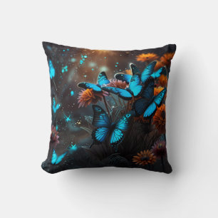 Blue Butterflies on an orange plant in moonlight Cushion