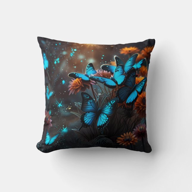 Blue Butterflies on an orange plant in moonlight Cushion (Front)
